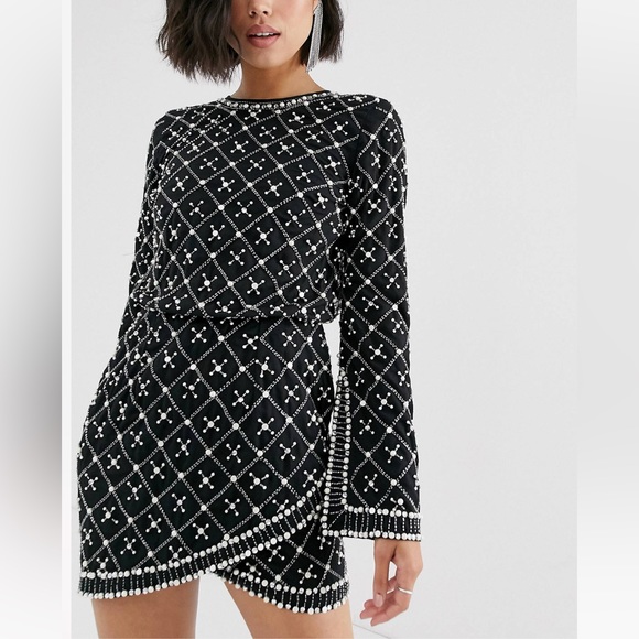 ASOS Dresses & Skirts - ASOS DESIGN black mini dress with long sleeve in pearl & beaded embellishment